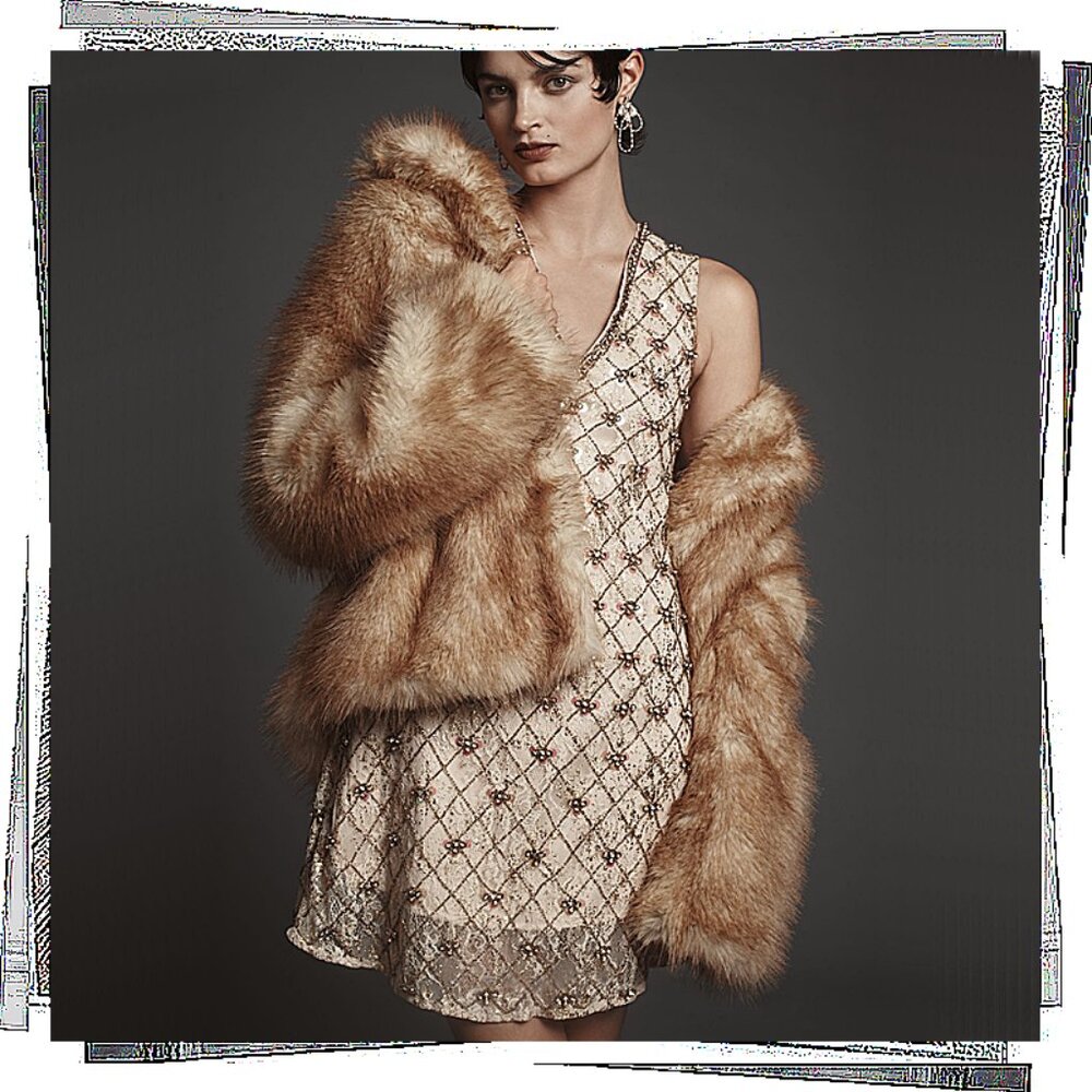 NWOT Retro 20s Golden Crystal Embellished Sleeveless V-Neck Mini Shift Dress (S)